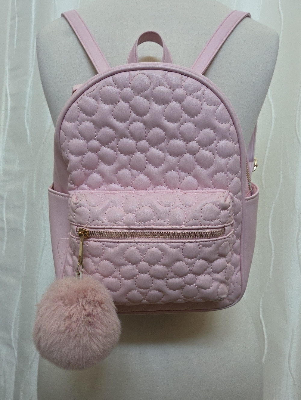 Under One Sky Quilted Light Pink Mini Backpack with Faux Fur Pom